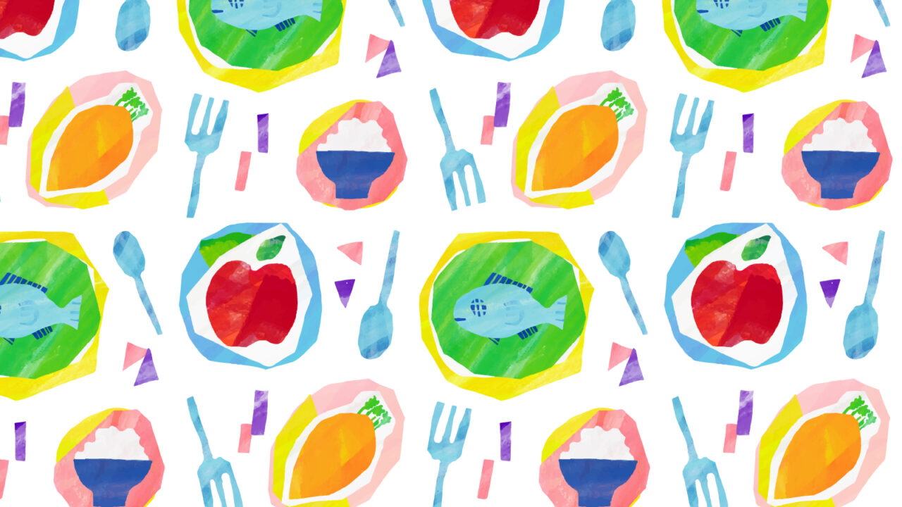 絵の具 色鉛筆 切り絵風 食べ物 自然 生活のシームレスパターン 旅とイラスト ナイチンゲールオリンピック